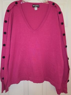 Karl Lagerfeld Women's V-Neck Sweater in Hot Pink with Black Buttons